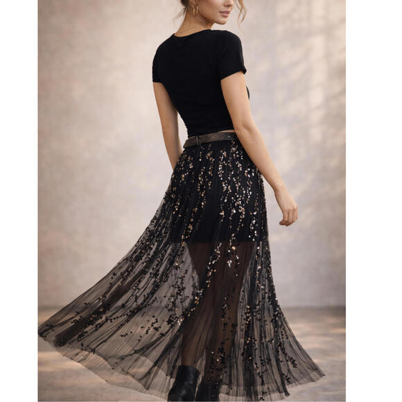 NWT Y2K Black Sequin Sheer Pleated Maxi Skirt Low Rise Party Evening Statement - Picture 4 of 10